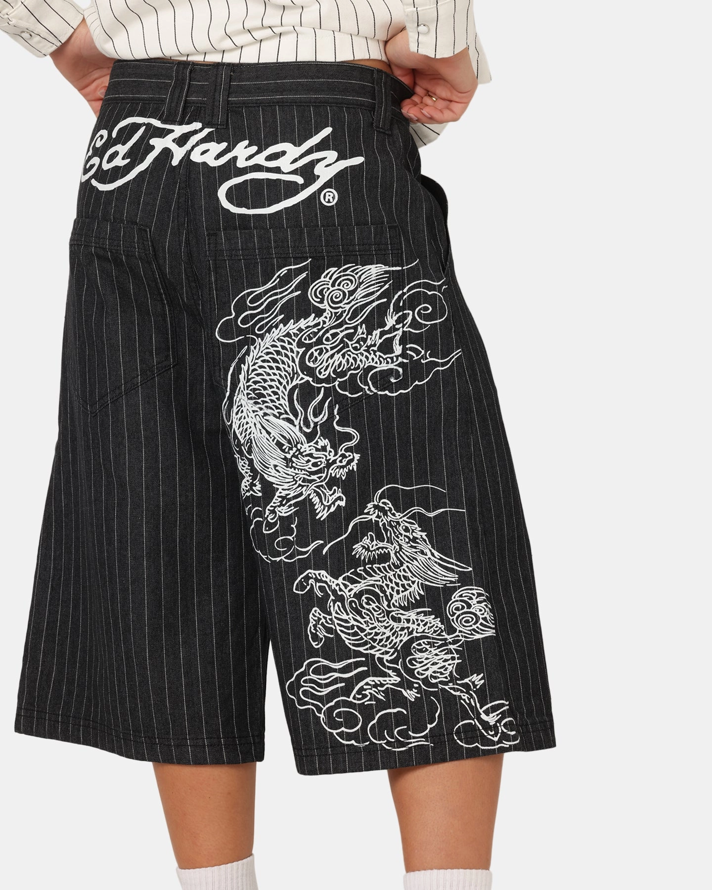 TaglessComfort Ed Hardy Shinjuku Jorts Black Pinstripe