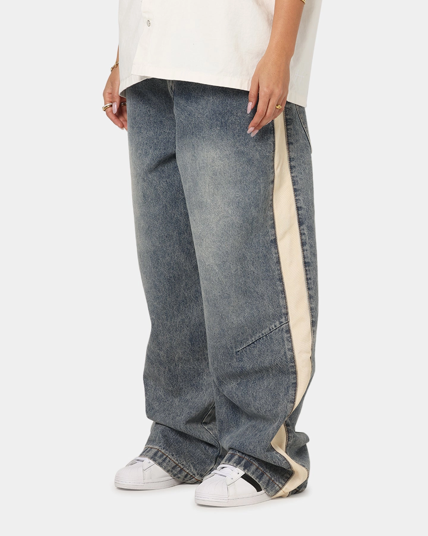 Saint Morta Amplus Sidewinder Jeans Dirty Denim/Off White Everyday Comfort Fit Reflective Trim