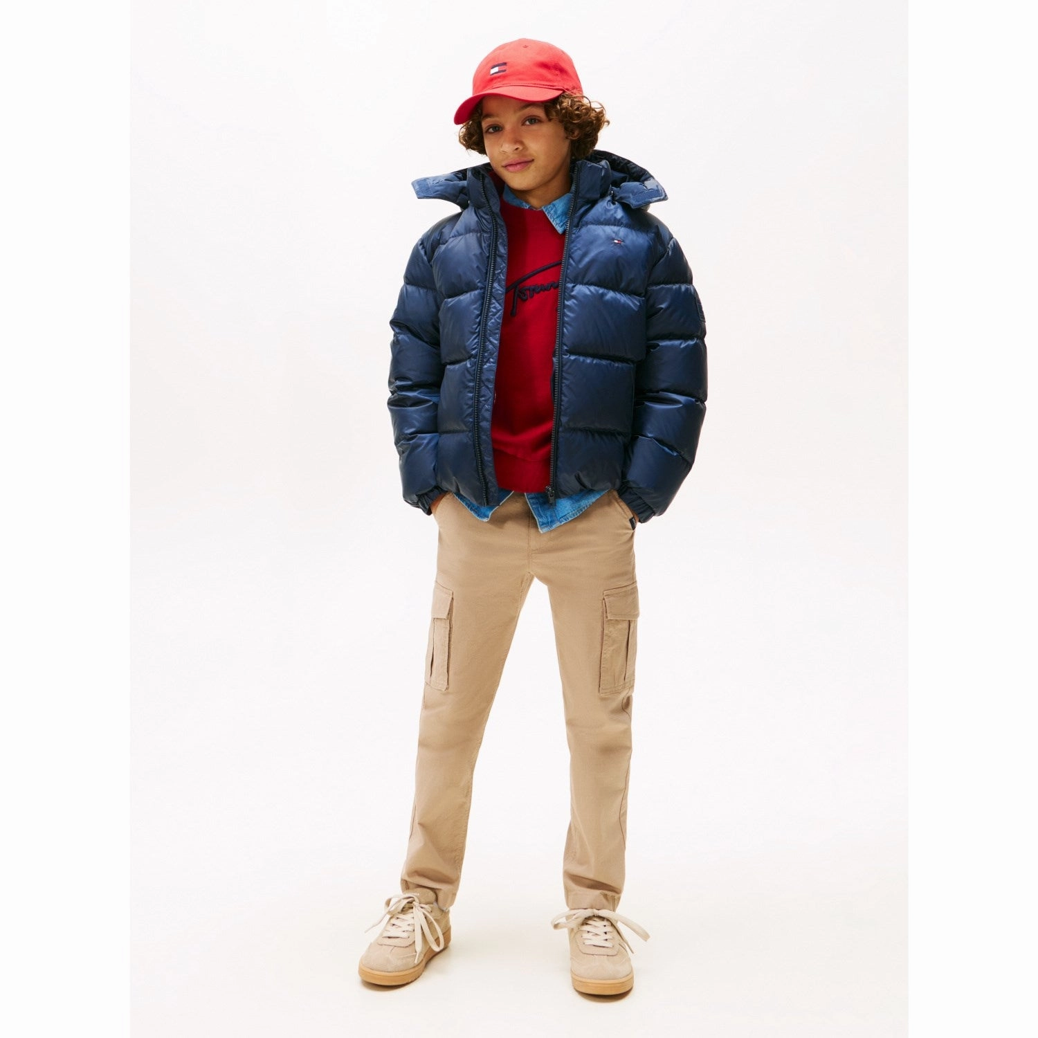 Tommy Hilfiger Dark Night Navy Essential Down Jacket Plaid Print Abrasion Resistant Edging
