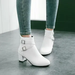 Criss buckle strap block heel ankle boots with side zipper