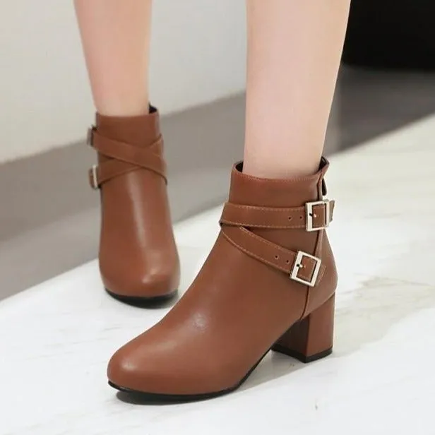 Criss buckle strap block heel ankle boots with side zipper