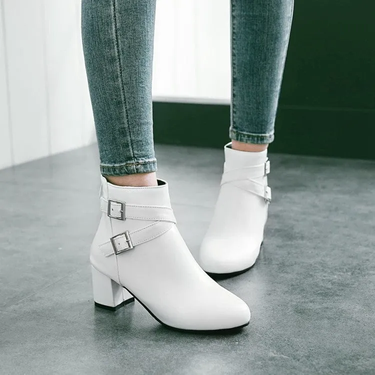 Criss buckle strap block heel ankle boots with side zipper