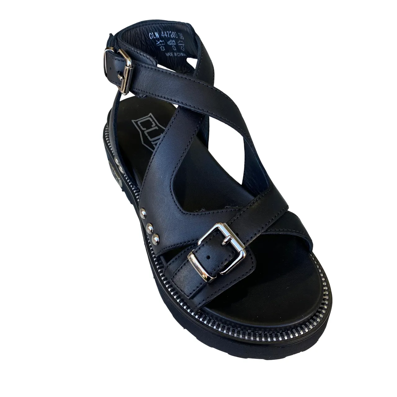 Cult sandalo alla caviglia da donna con fasce incrociate e due fibbia Ziggy 4472 nero Handmade