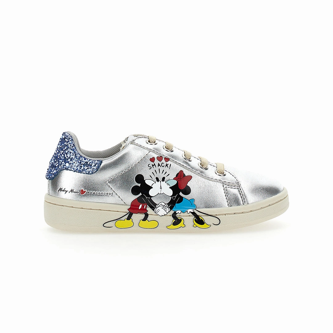 Silver Mickey   Minnie Glitter Tab Velcro Sneakers Responsive Feel