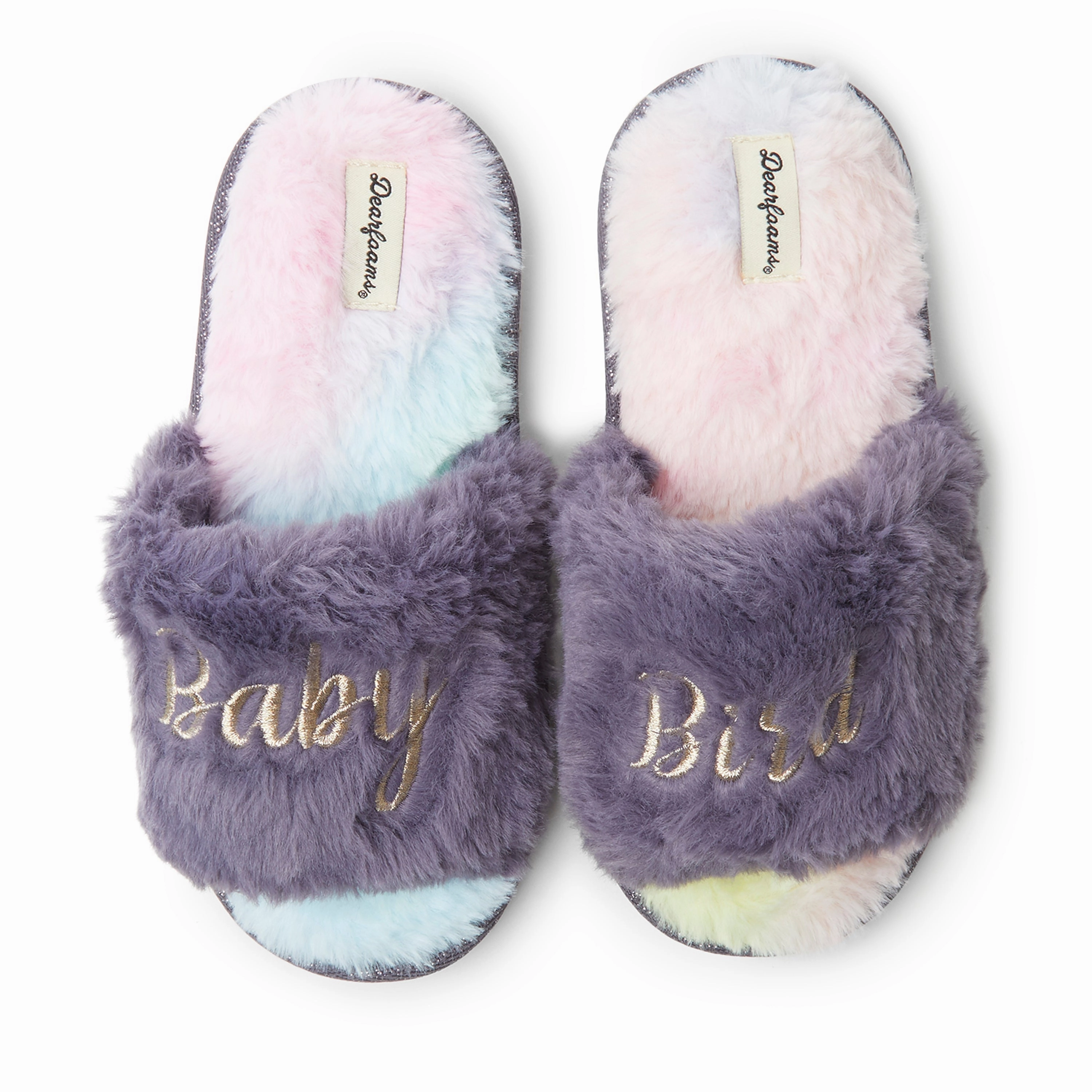 Dearfoams Kid's Lana Slide Slipper with Slogan CushionedSole SyntheticLeather