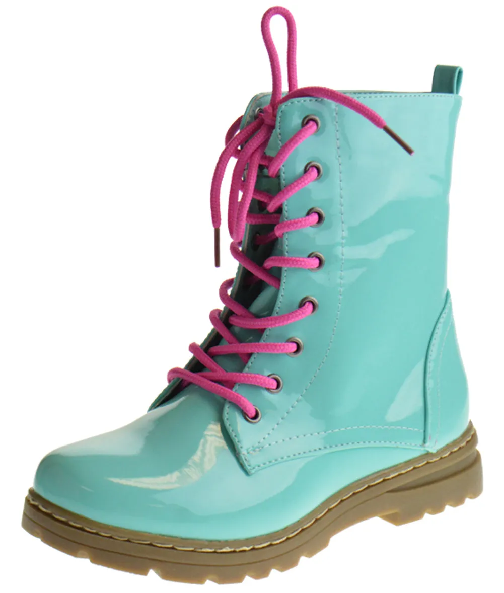 Declyn 01 Womens Patent 2 Color Lace Combat Boots Candy Red 11