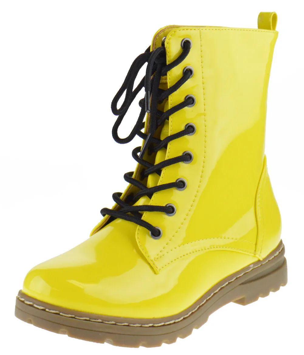Declyn 01 Womens Patent 2 Color Lace Combat Boots Candy Red 11