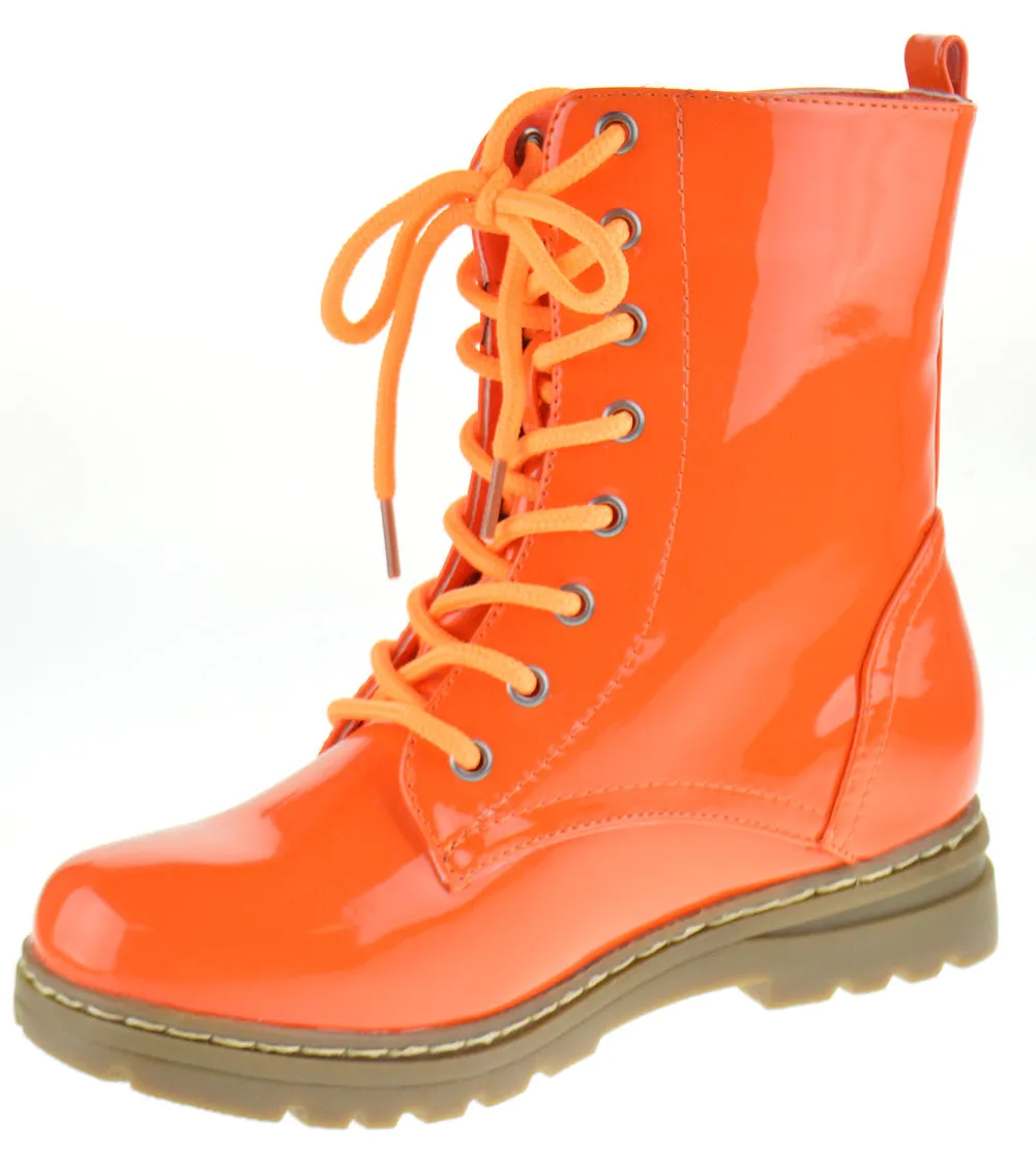 Declyn 01 Womens Patent 2 Color Lace Combat Boots Candy Red 11