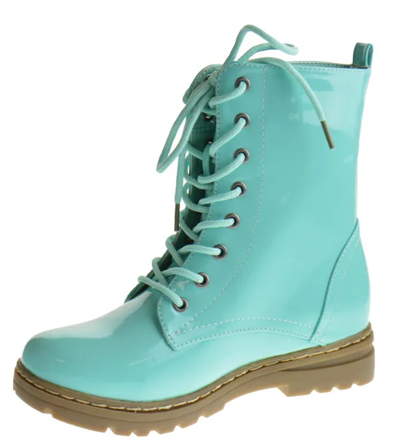 Declyn 01 Womens Patent 2 Color Lace Combat Boots Candy Red 11