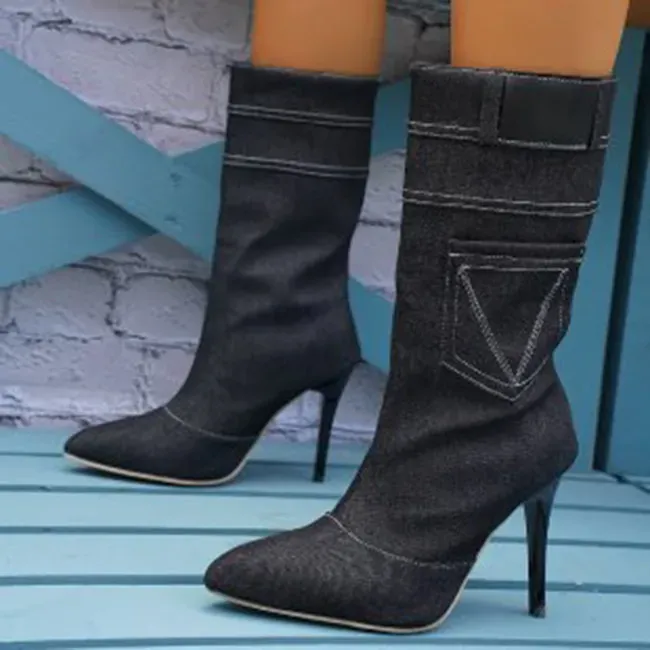 Denim Pointed Toe Stiletto Heel Mid-Calf Boots