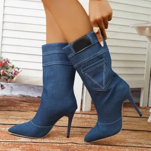 Denim Pointed Toe Stiletto Heel Mid-Calf Boots