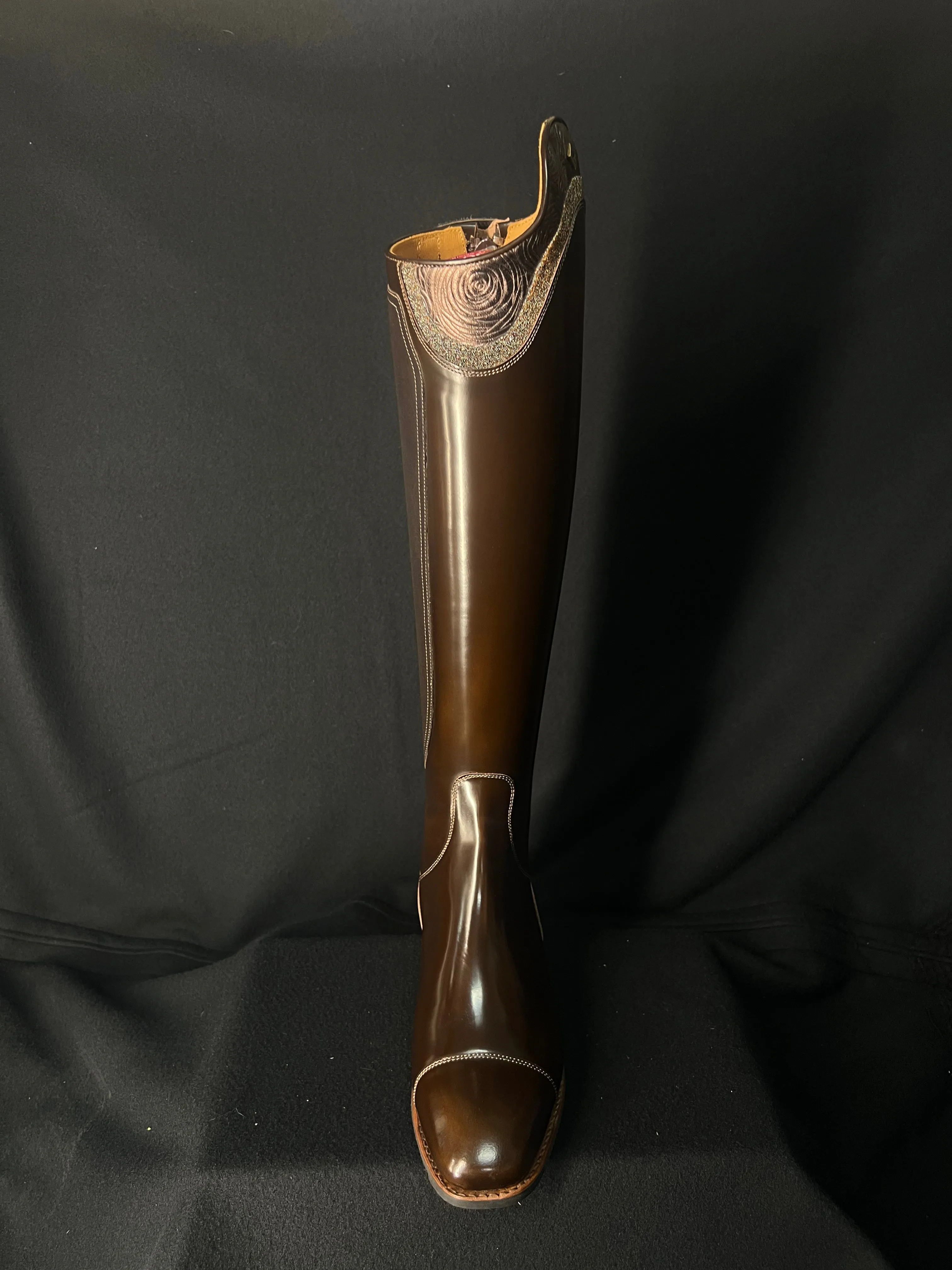DeNiro S2601 Custom Dressage Boots Brushed Po Fondente w/ Roseto Brown and Lame Argento