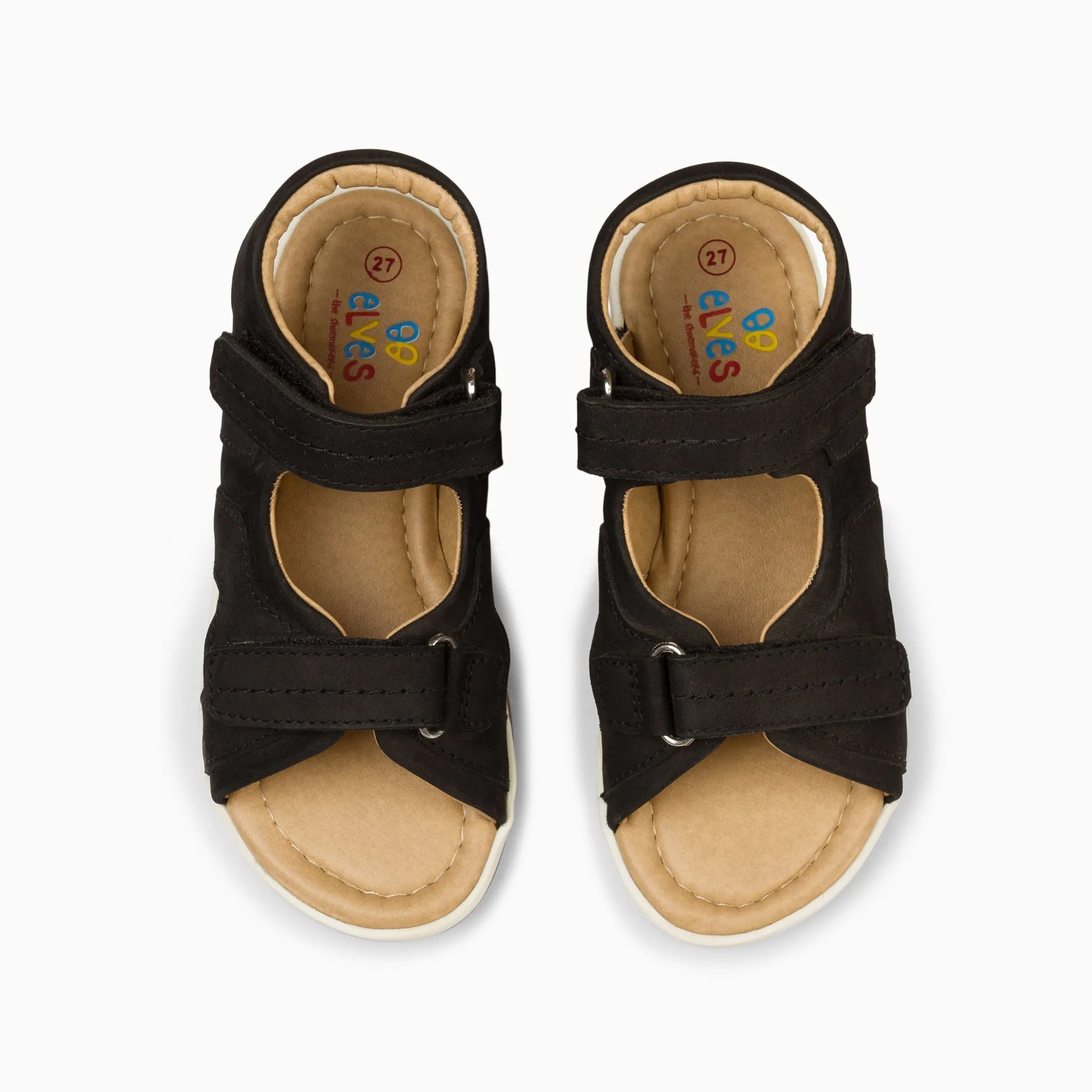 Double Strap Kids Leather Sandals - Matte Black