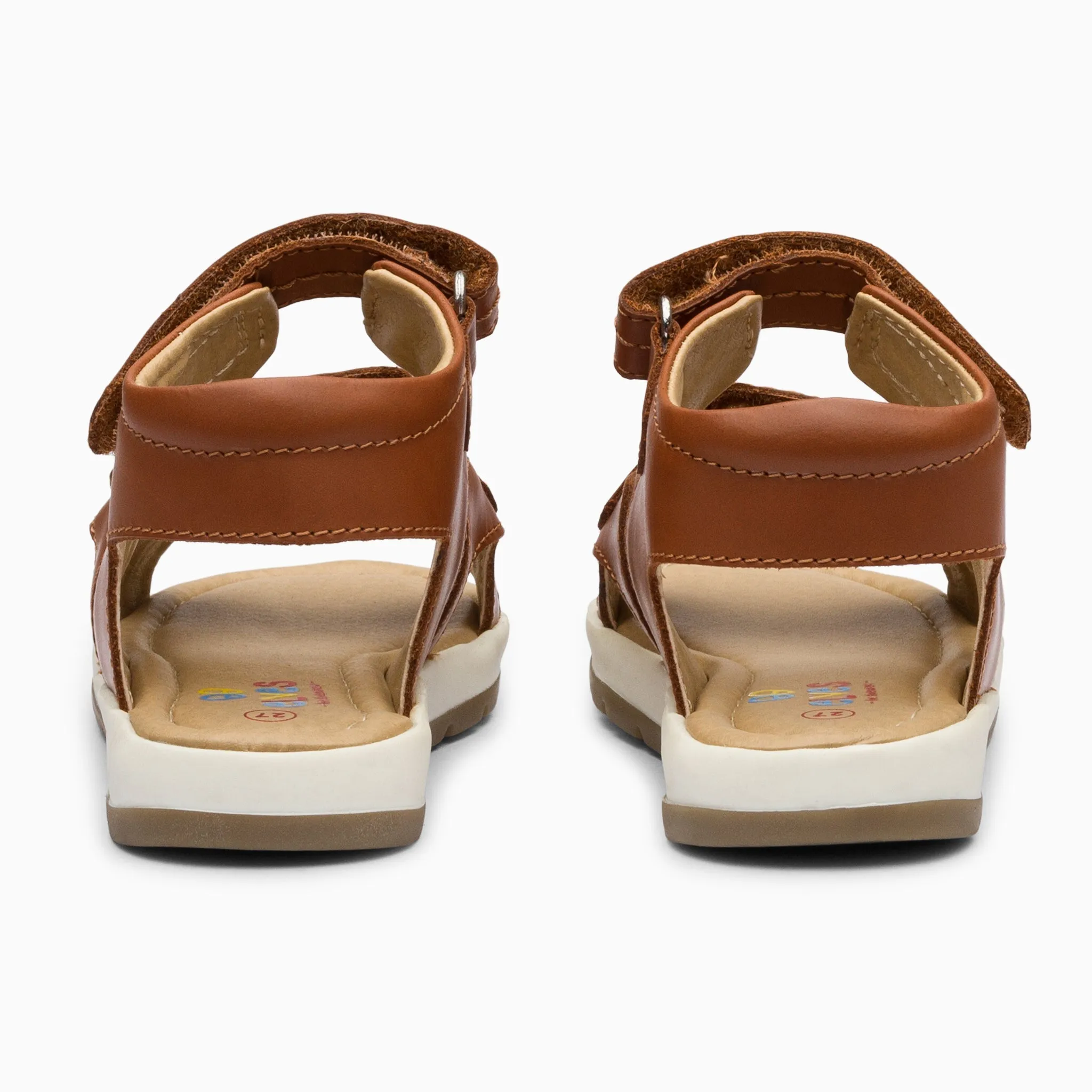 Double Strap Kids Leather Sandals - Tan Brown