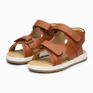 Double Strap Kids Leather Sandals - Tan Brown