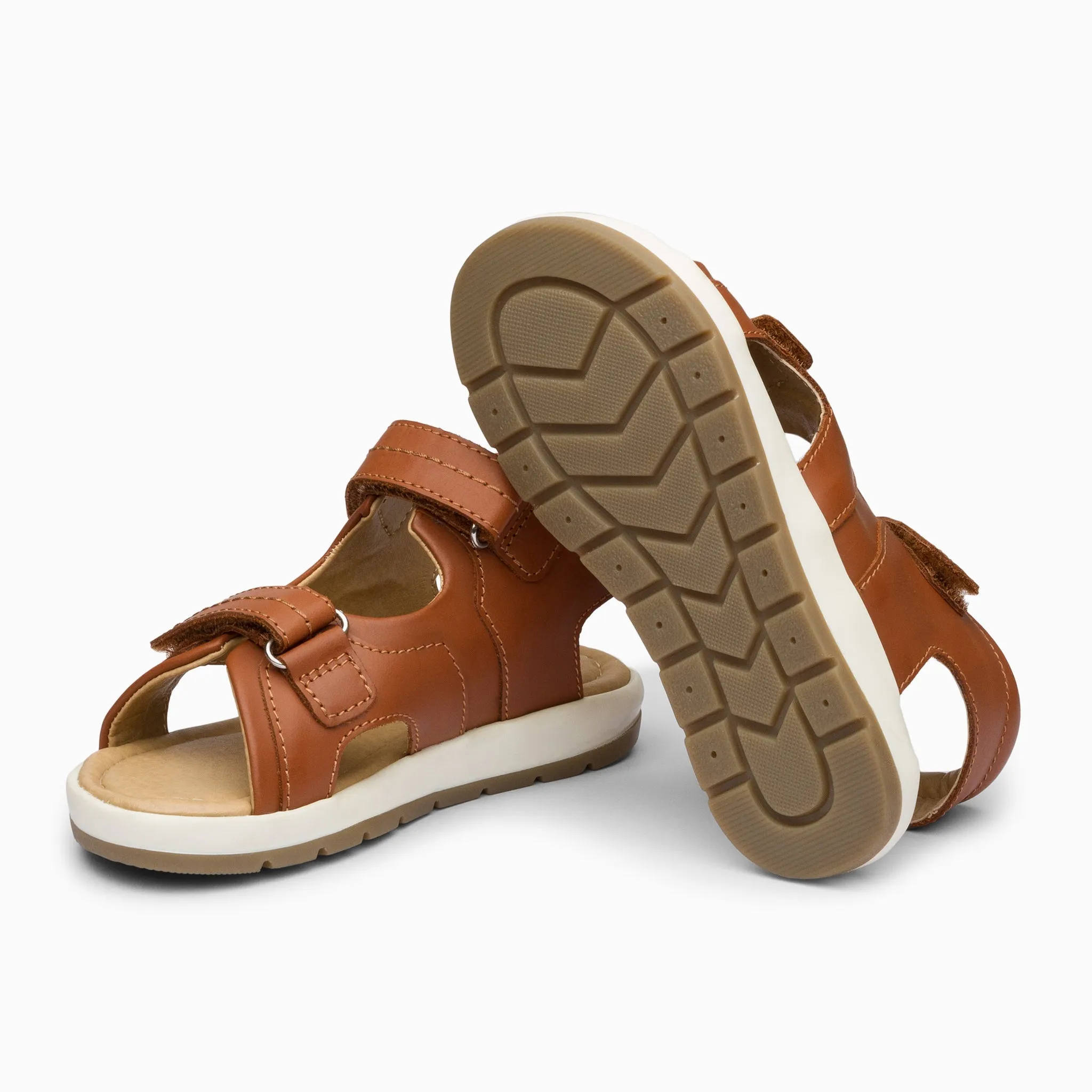 Double Strap Kids Leather Sandals - Tan Brown