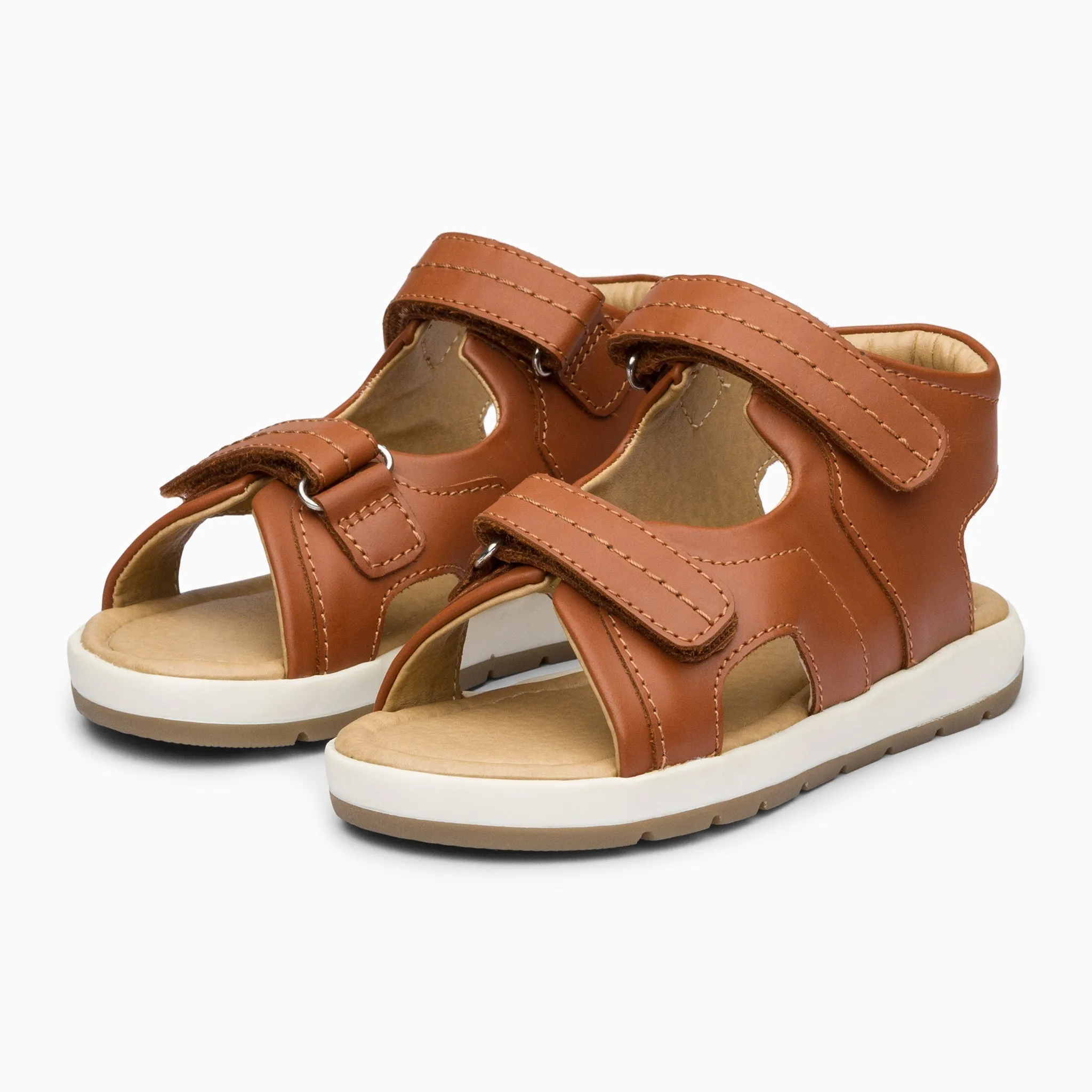 Double Strap Kids Leather Sandals - Tan Brown