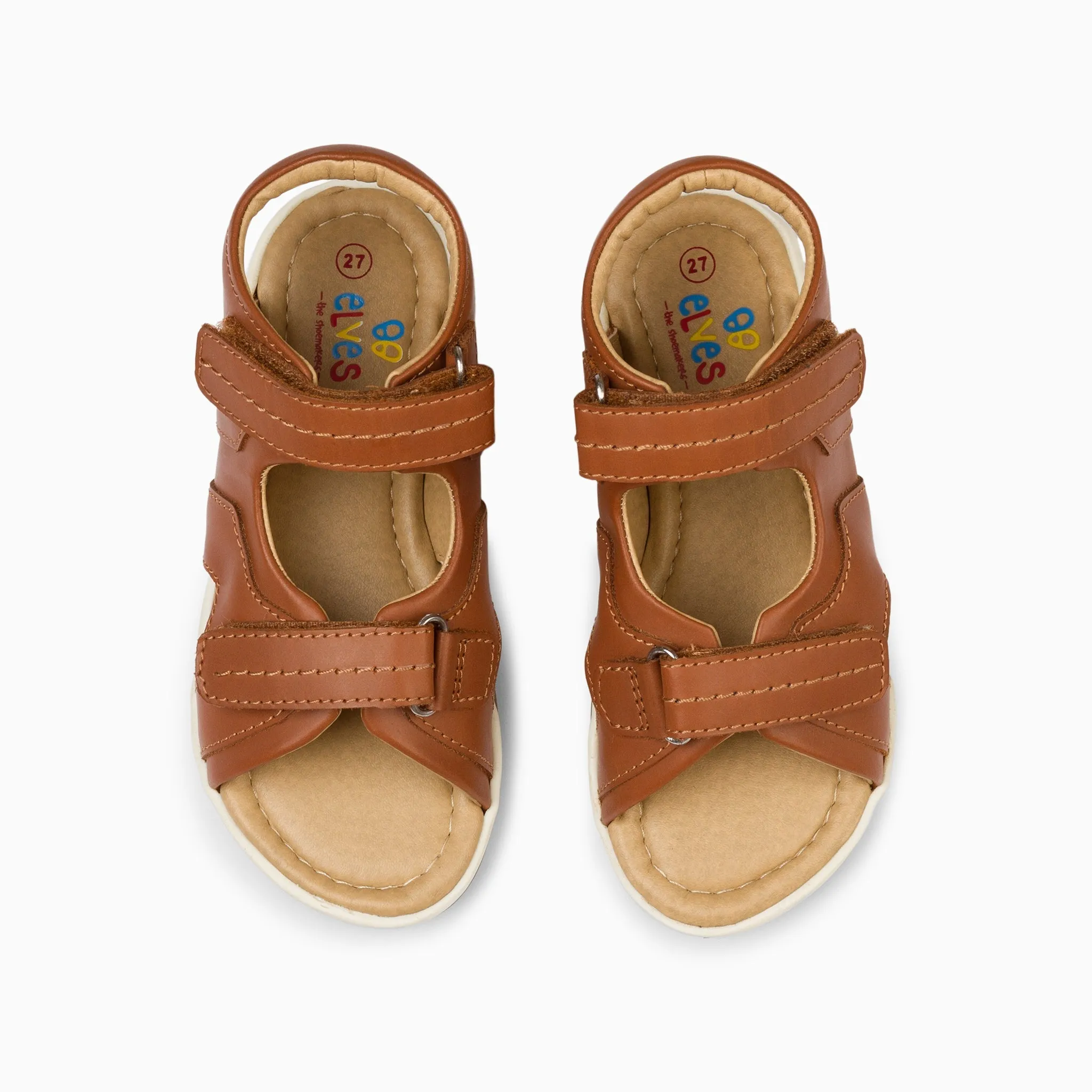Double Strap Kids Leather Sandals - Tan Brown