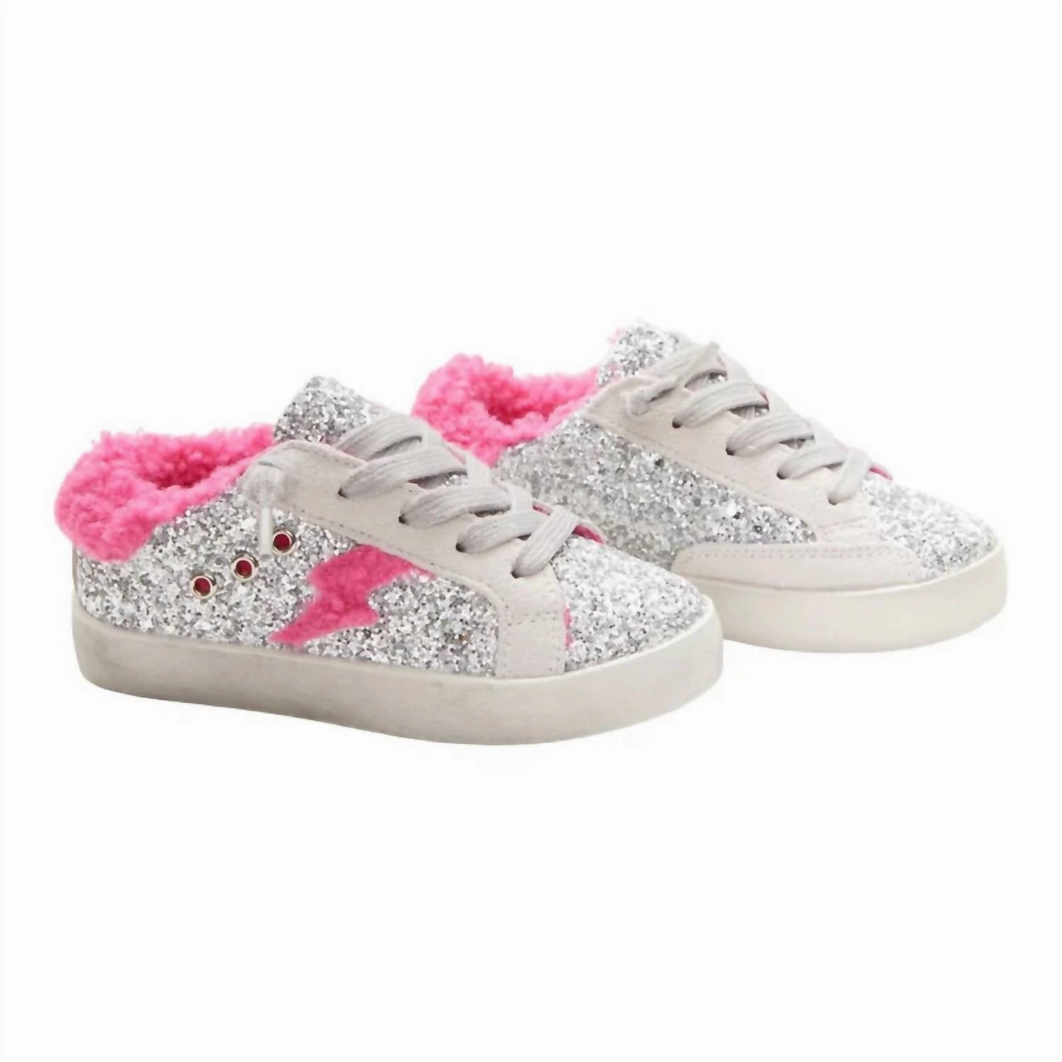 Girl's Ivy Glitter Fuzzy Bolt Sneakers In Silver Cloud Support