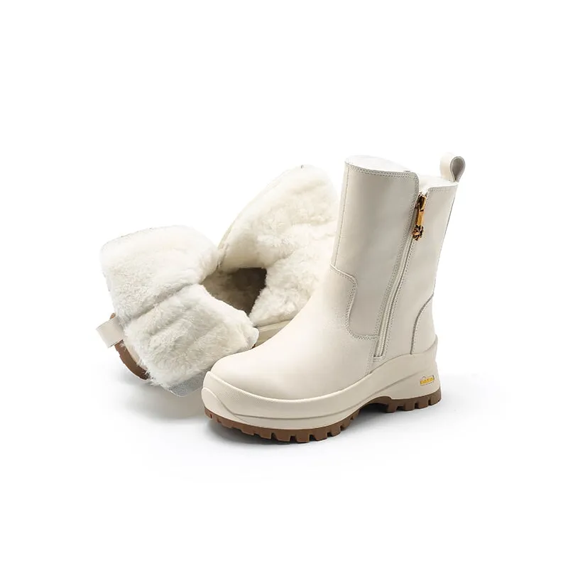 Dwarves Double Zippers Leather Mid Calf Snow Boots Have Shearling Lined for Cold Winter in Black/Apricot/Beige