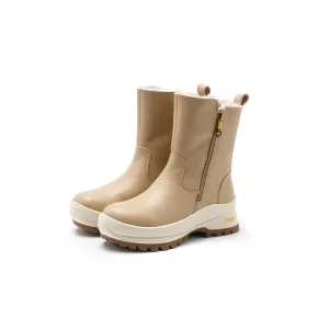Dwarves Double Zippers Leather Mid Calf Snow Boots Have Shearling Lined for Cold Winter in Black/Apricot/Beige