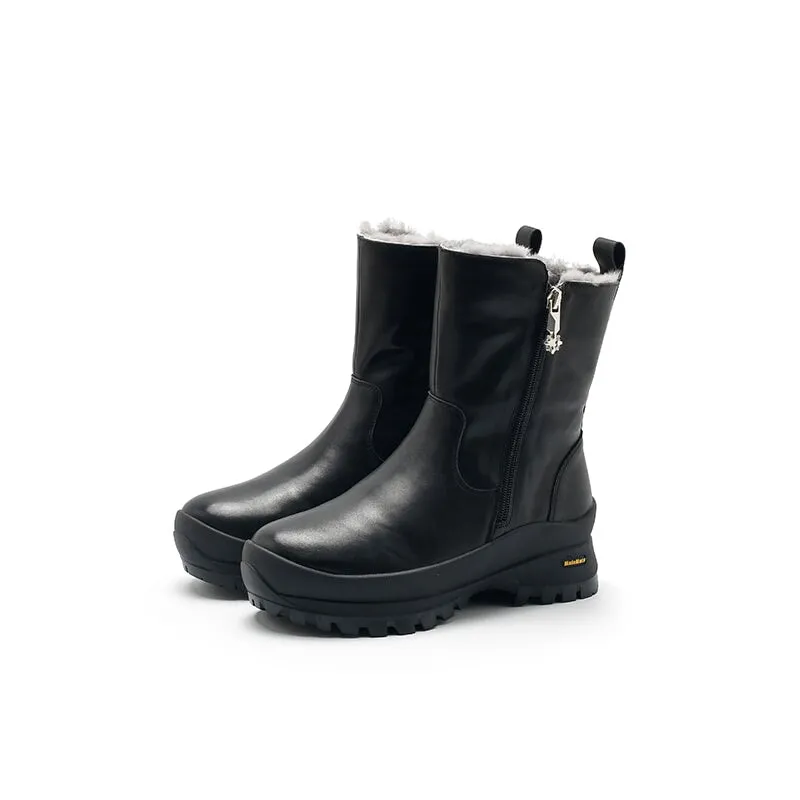 Dwarves Double Zippers Leather Mid Calf Snow Boots Have Shearling Lined for Cold Winter in Black/Apricot/Beige