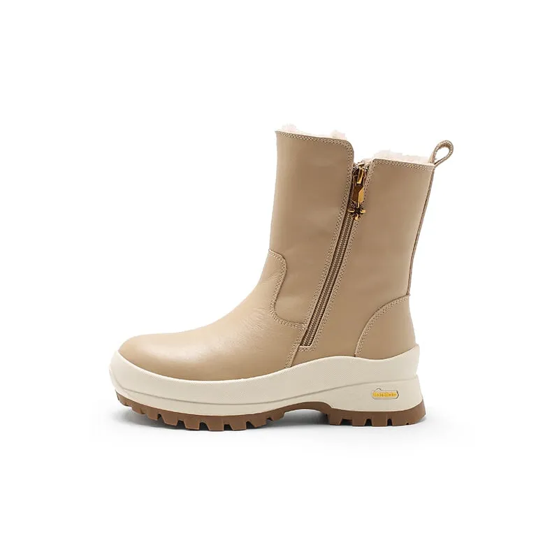 Dwarves Double Zippers Leather Mid Calf Snow Boots Have Shearling Lined for Cold Winter in Black/Apricot/Beige