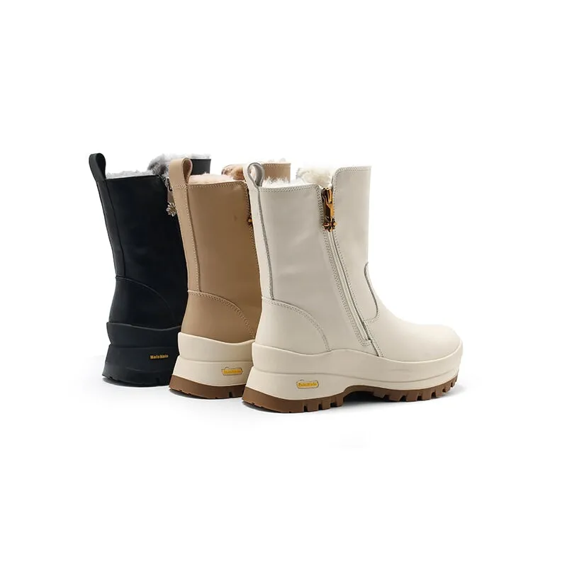 Dwarves Double Zippers Leather Mid Calf Snow Boots Have Shearling Lined for Cold Winter in Black/Apricot/Beige