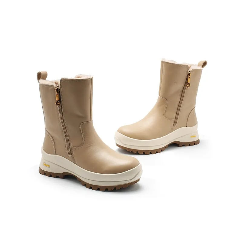 Dwarves Double Zippers Leather Mid Calf Snow Boots Have Shearling Lined for Cold Winter in Black/Apricot/Beige