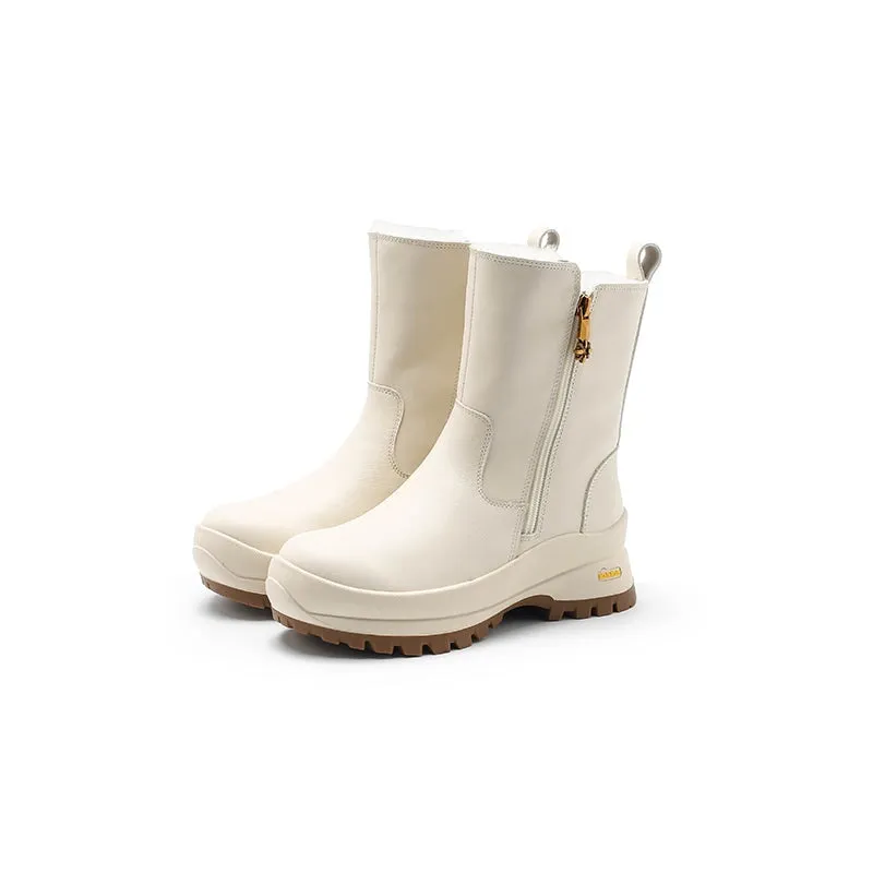 Dwarves Double Zippers Leather Mid Calf Snow Boots Have Shearling Lined for Cold Winter in Black/Apricot/Beige
