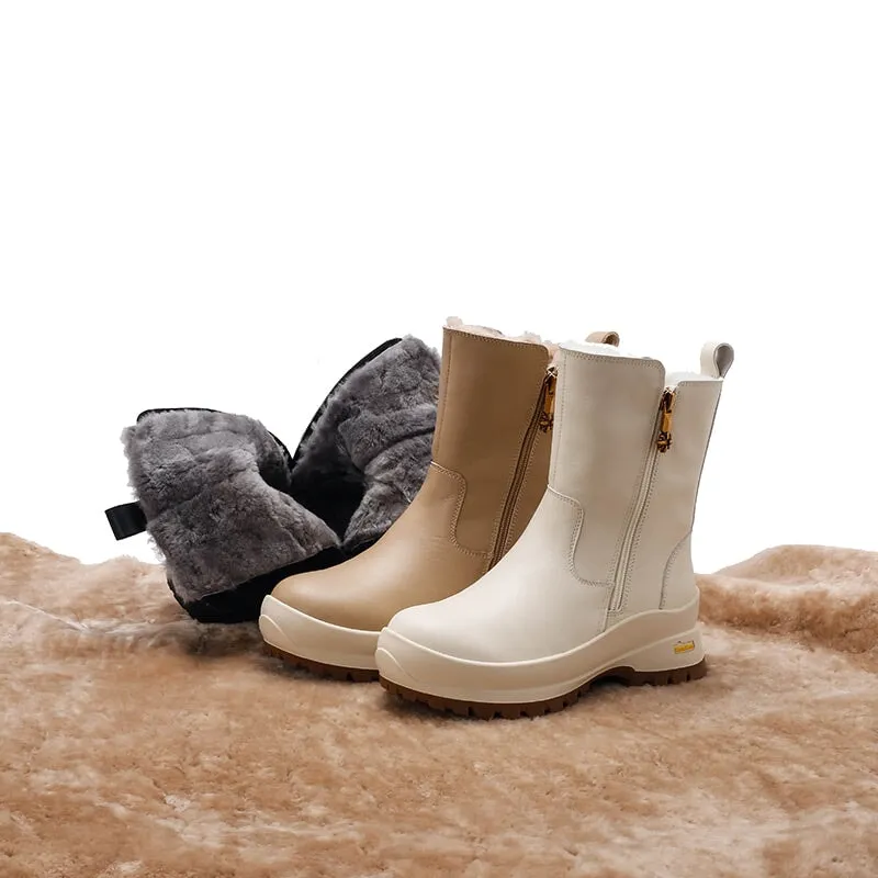 Dwarves Double Zippers Leather Mid Calf Snow Boots Have Shearling Lined for Cold Winter in Black/Apricot/Beige