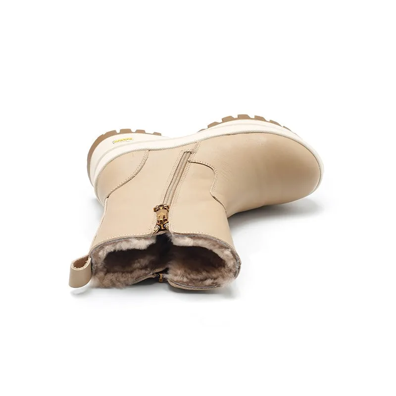 Dwarves Double Zippers Leather Mid Calf Snow Boots Have Shearling Lined for Cold Winter in Black/Apricot/Beige