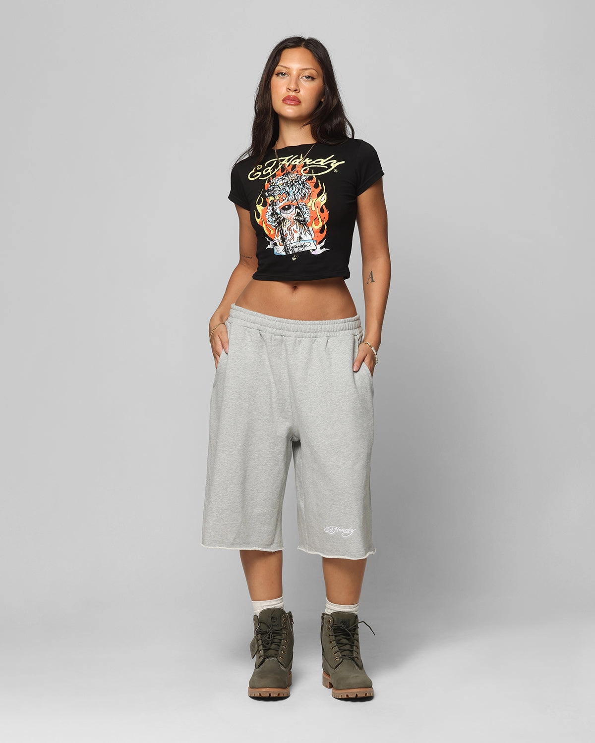 All terrain Premium Look Ed Hardy Baggy Fleece Shorts Grey Marle