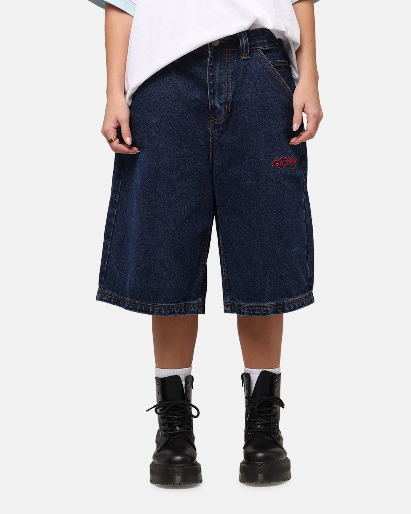 Stretchy Material No Irritation Seams Ed Hardy Brave Hearts Jorts Indigo