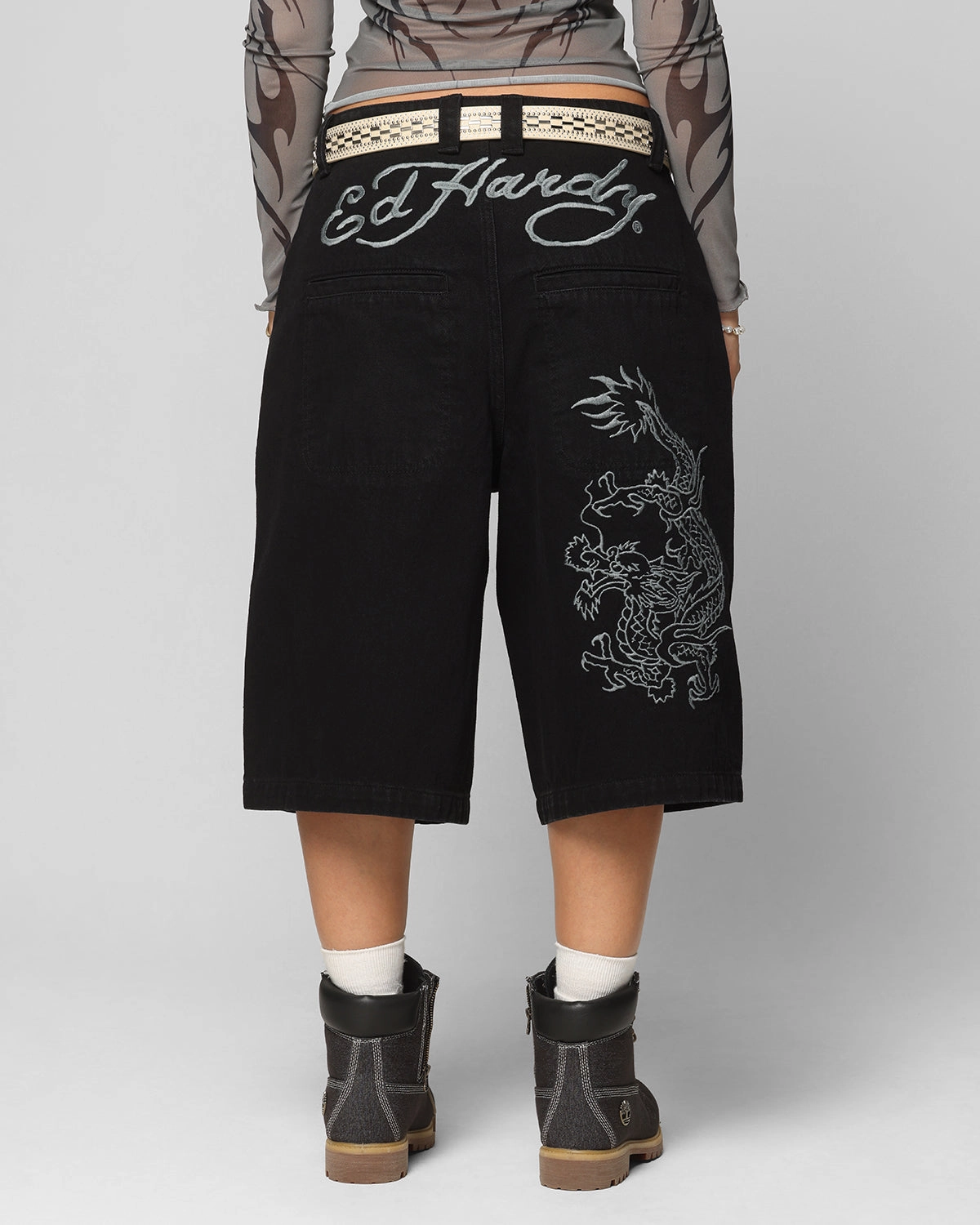Ed Hardy Dragon Jorts Black Dark wash Tagless Design