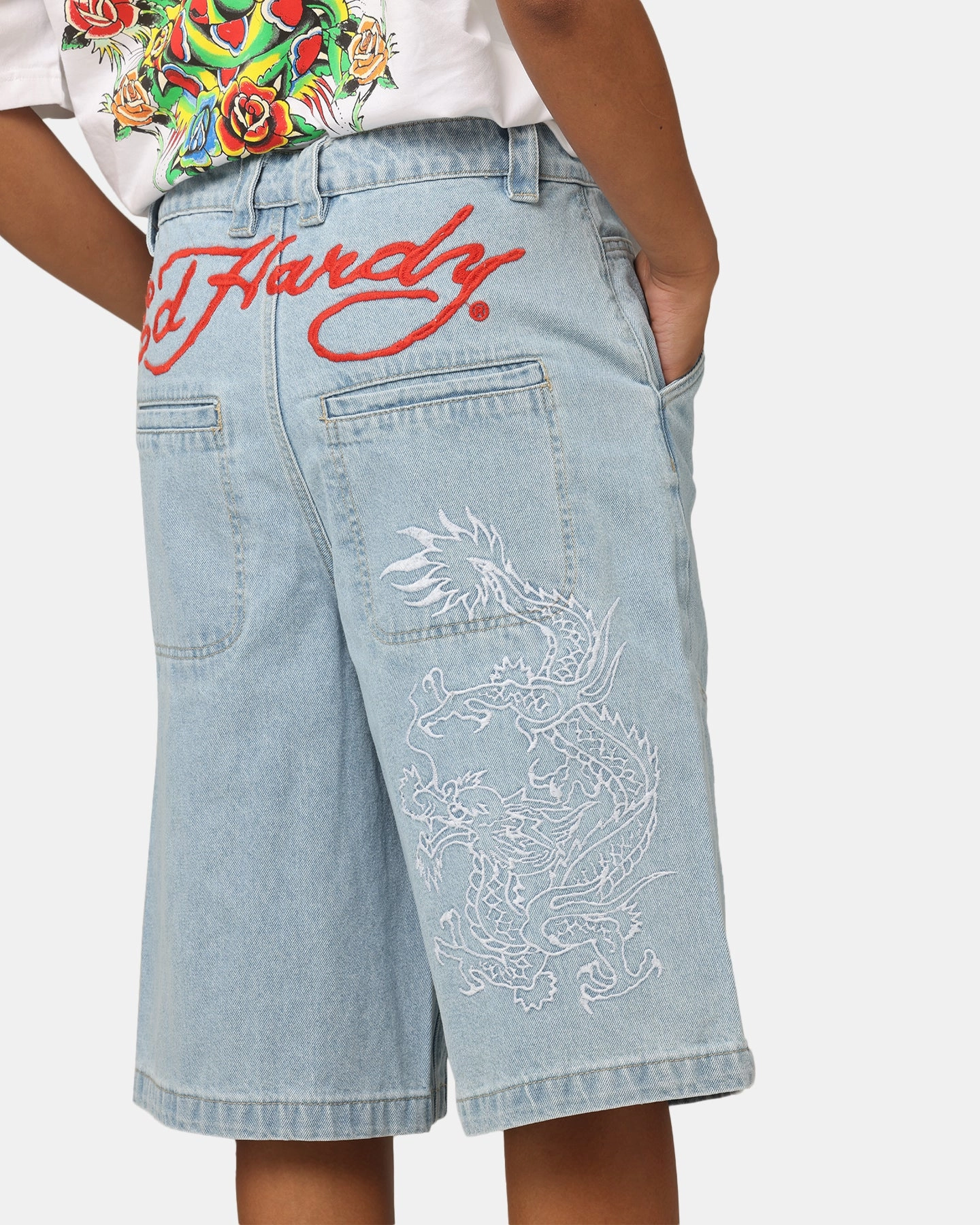 ComfortWaistband Slim wear Ed Hardy Dragon Jorts Light Blue
