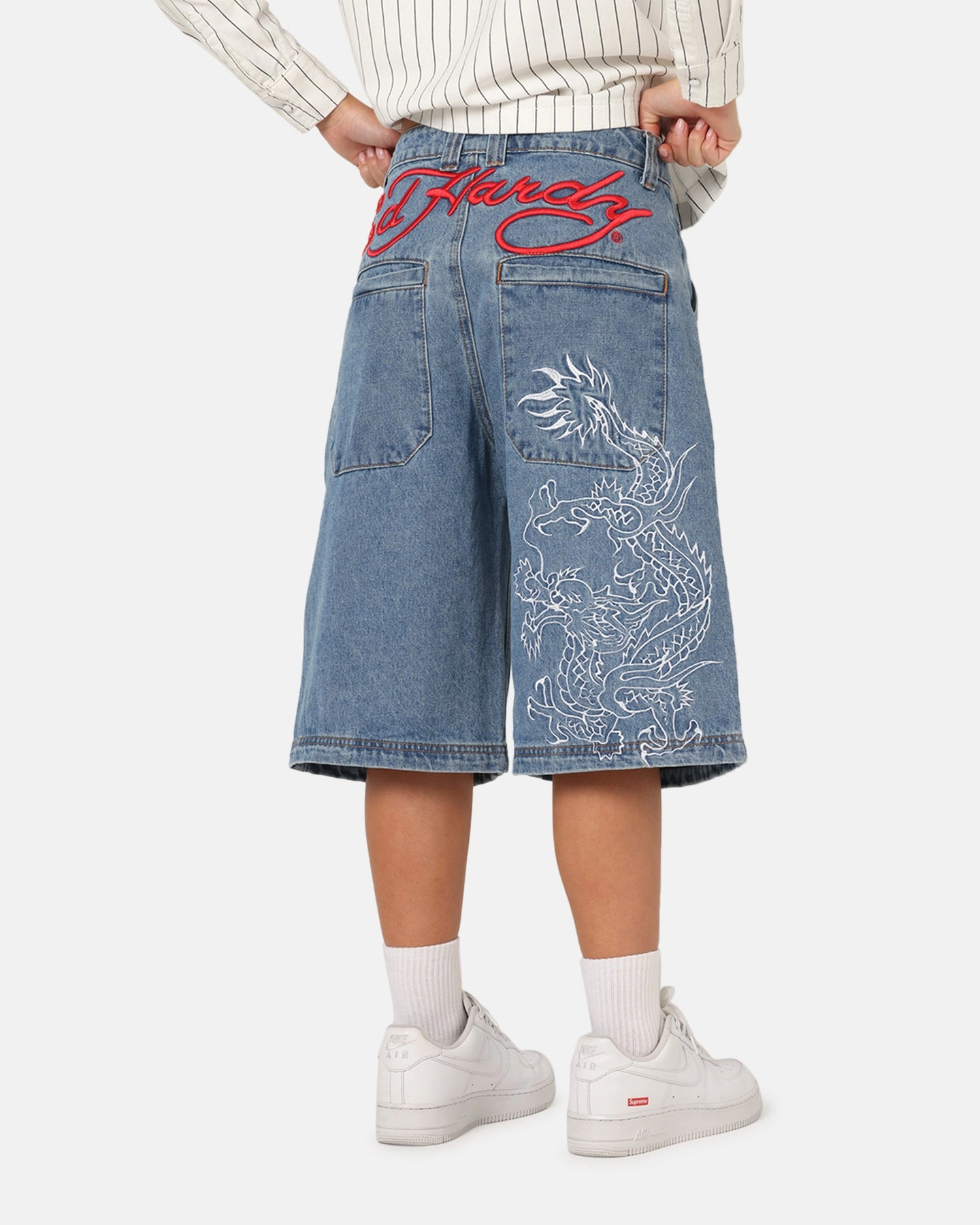 Breathable Style Comfy Stretch Ed Hardy Dragon Jorts Mid Blue Denim