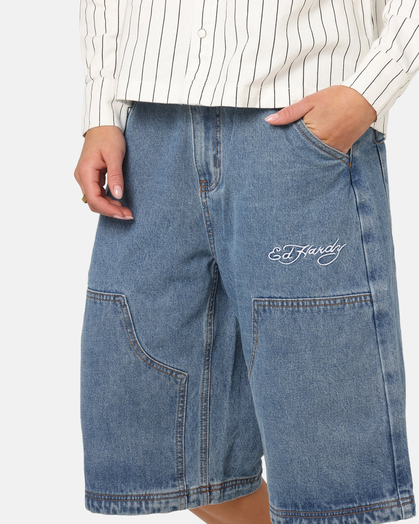 Ed Hardy Dragon Jorts Mid Blue Denim Crisp Design Modern Edge