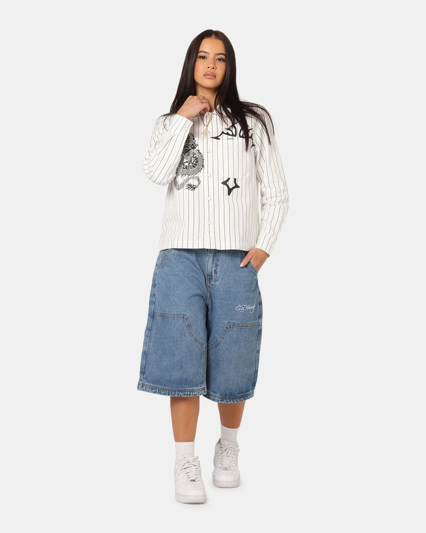 Active Performance LightweightConstruction Ed Hardy Dragon Jorts Mid Blue Denim