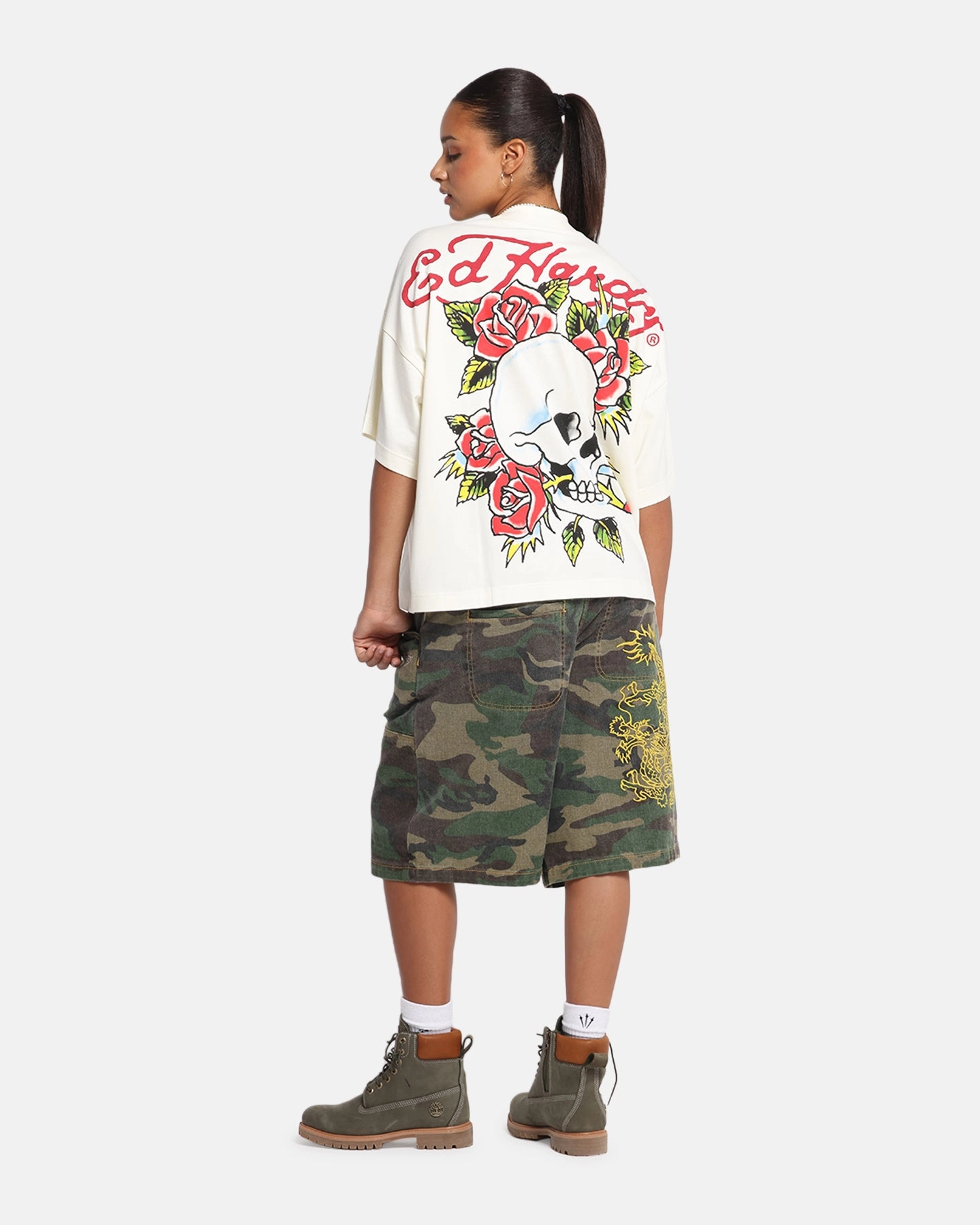 Low carbon footprint Easy Wear Look Ed Hardy Rose Skull Oversized Print T-Shirt Off White