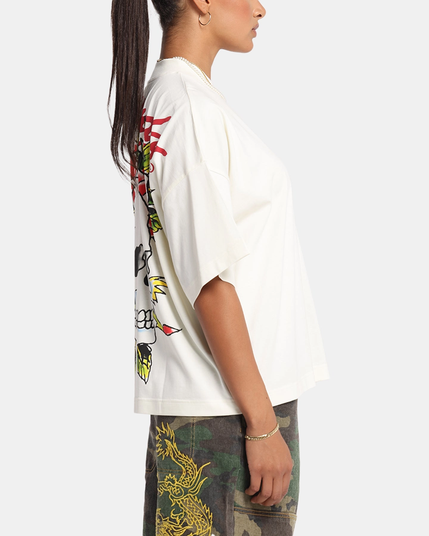 StretchReinforcedArmholes Ed Hardy Rose Skull Oversized Print T-Shirt Off White