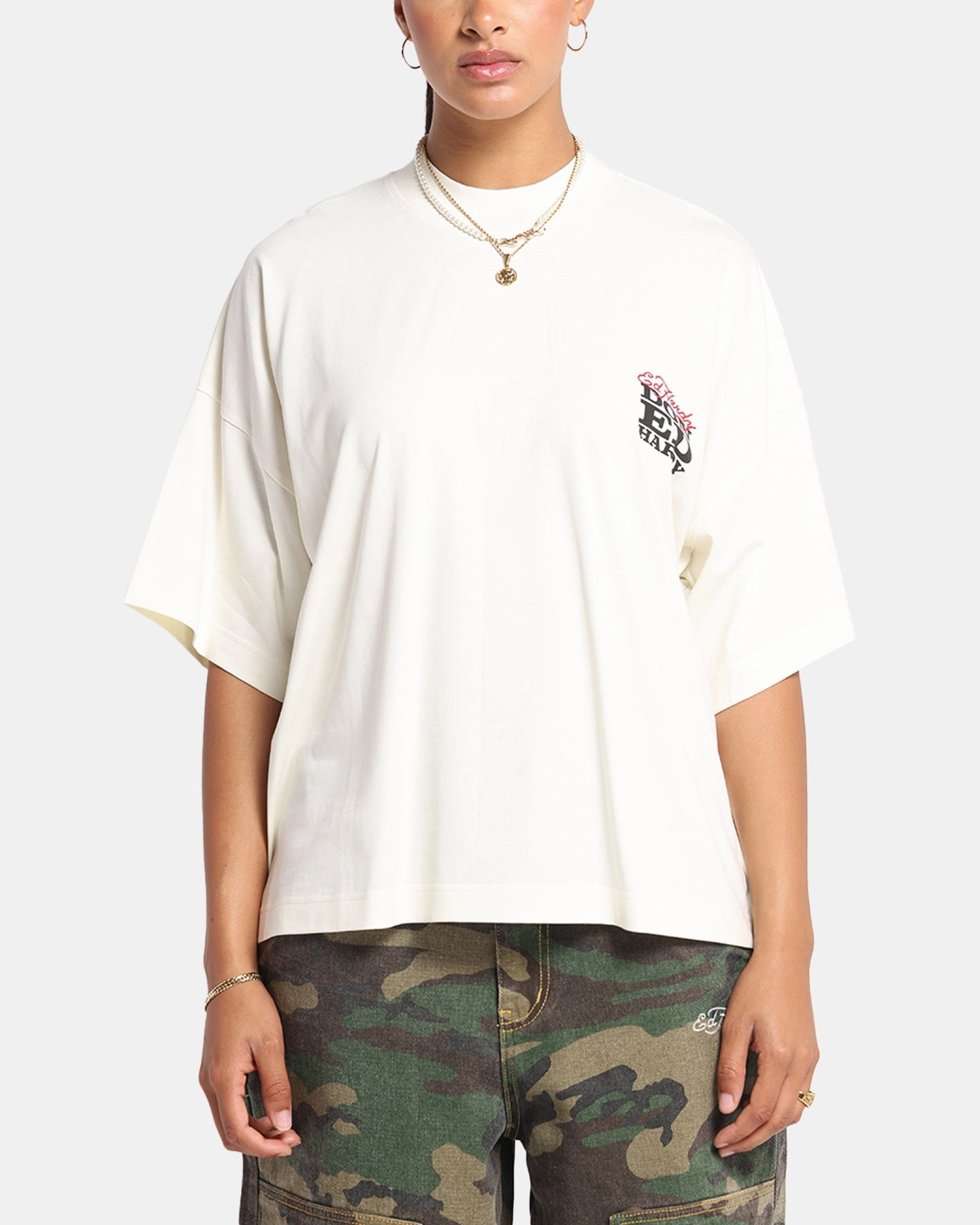 Ed Hardy Rose Skull Oversized Print T-Shirt Off White Moisture Management Comfort Style