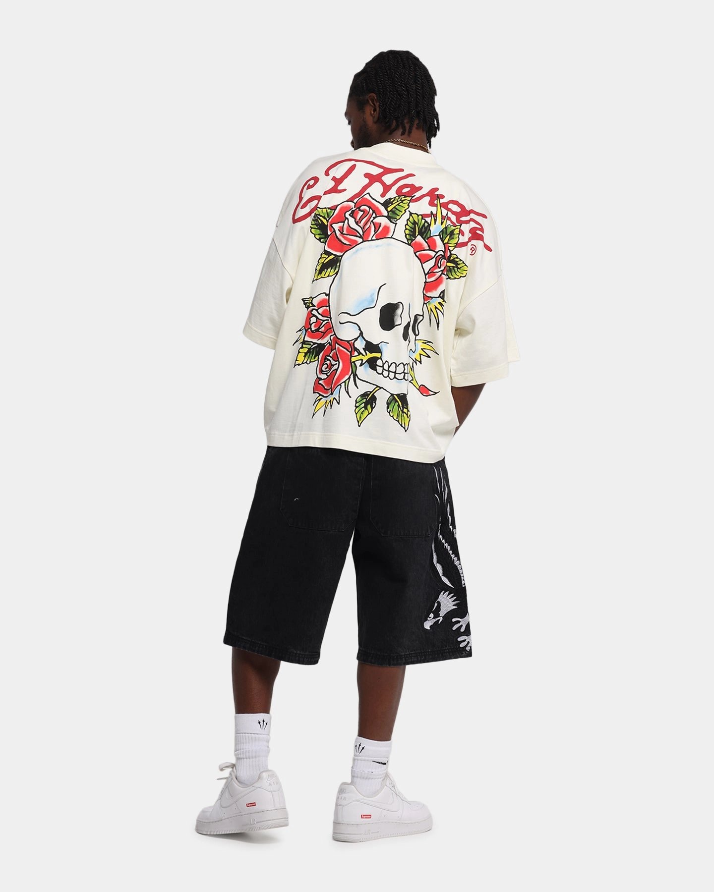Ed Hardy Rose Skull Oversized Print T-Shirt Off White Summer Comfort