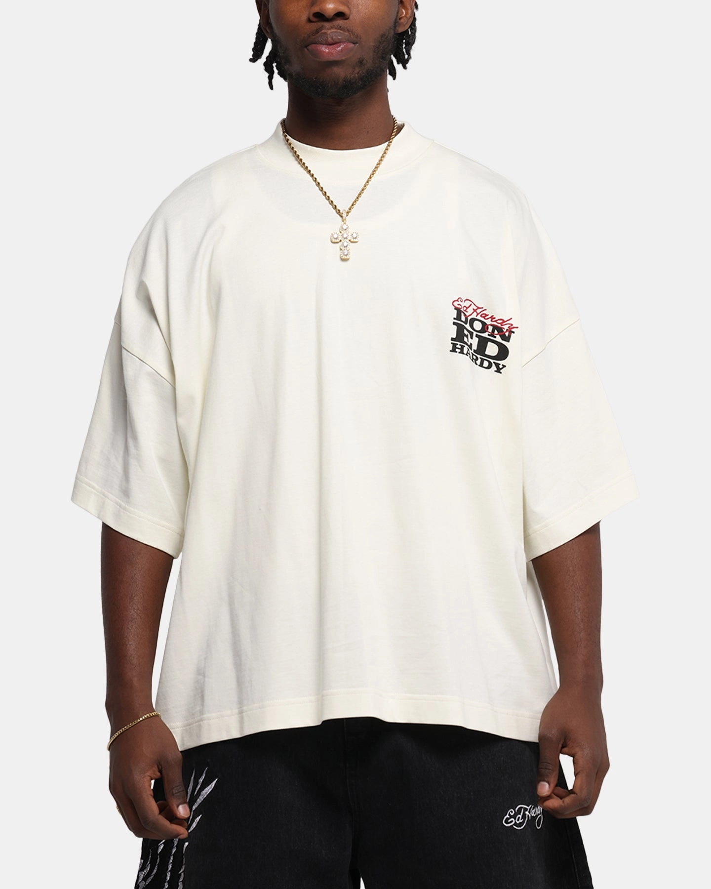 Functional Wearable Tagless Design Ed Hardy Rose Skull Oversized Print T-Shirt Off White