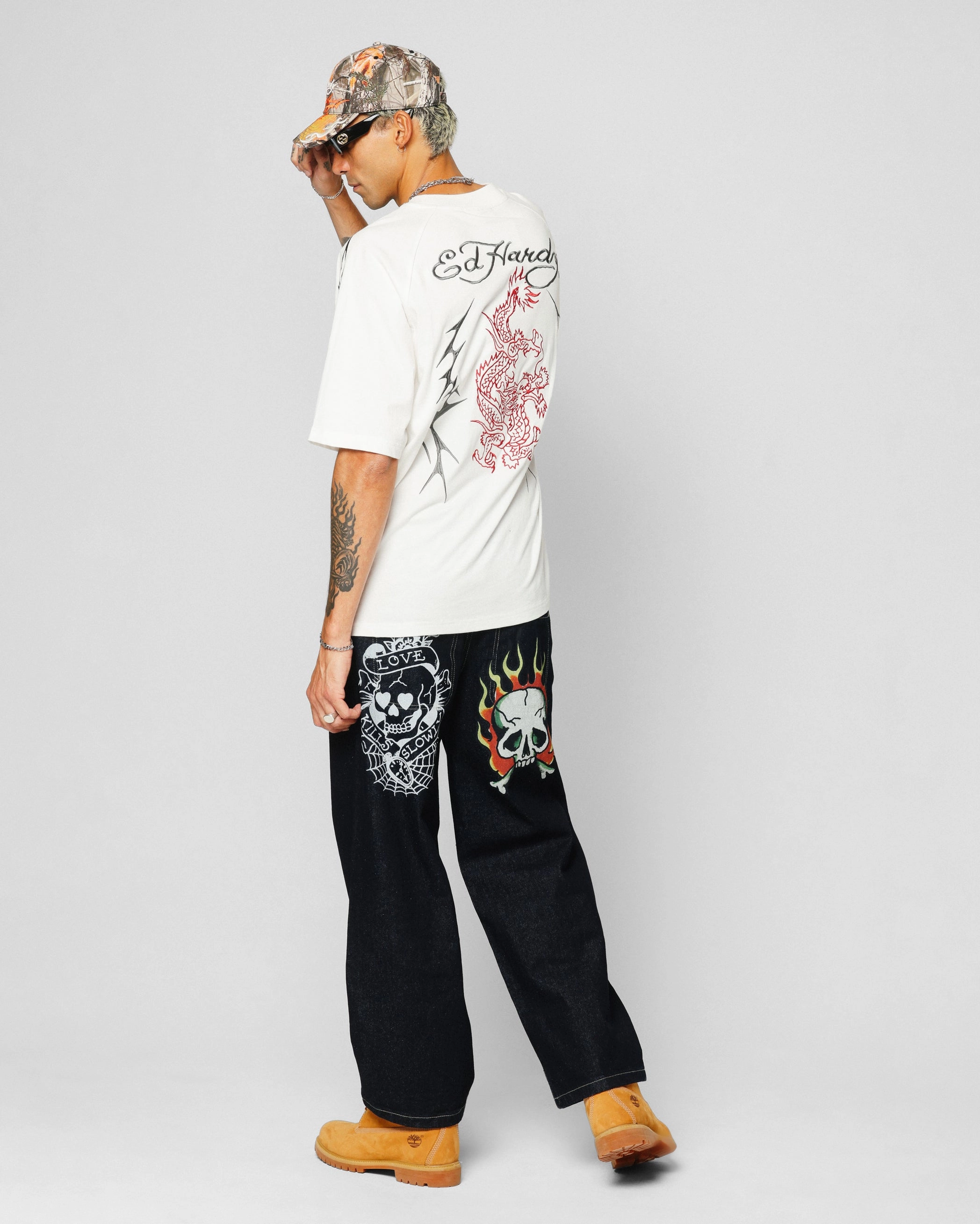 Quick Comfort Relaxed Armhole Cut Ed Hardy Techno Oversized T-Shirt Vintage Wash
