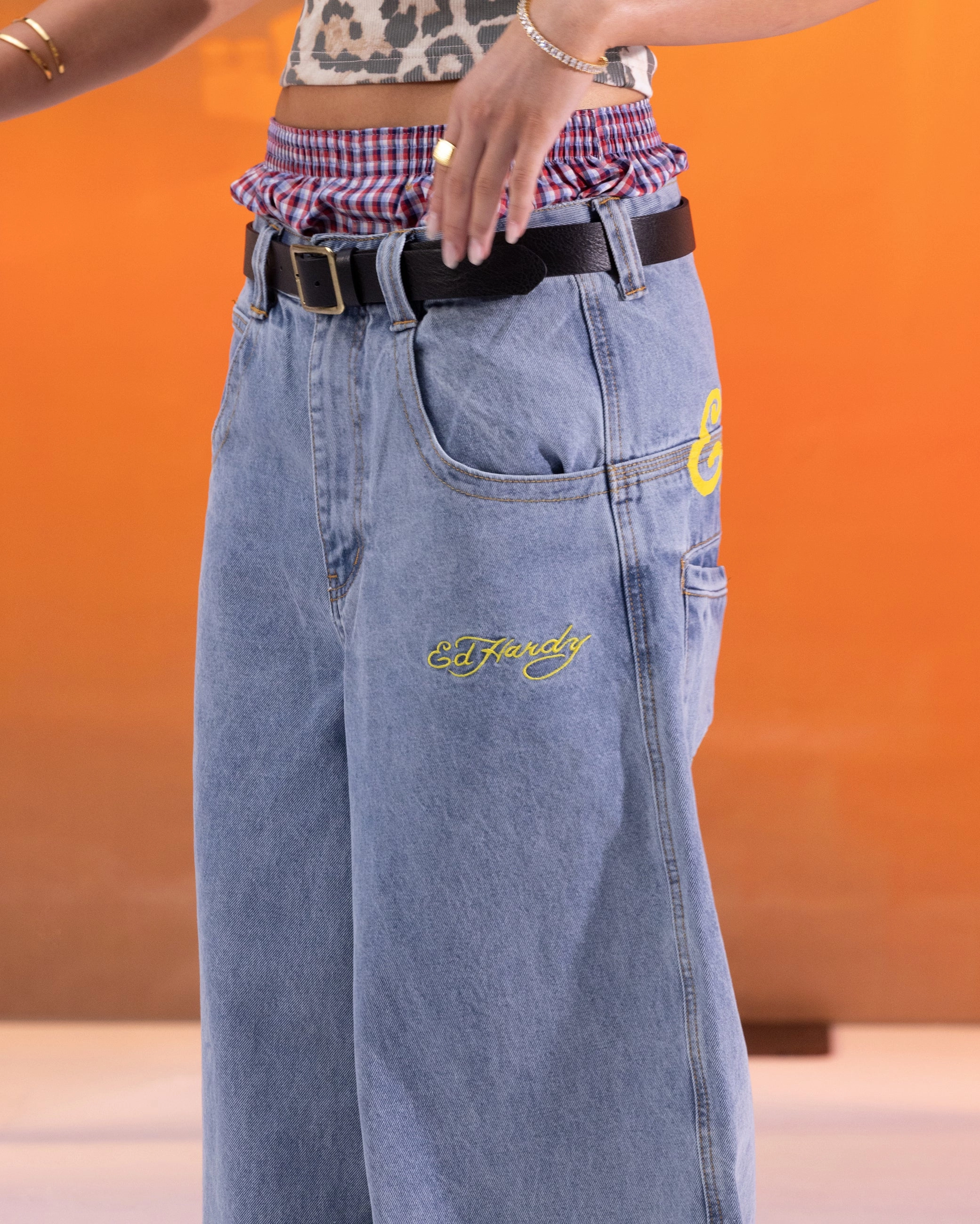 Ed Hardy Ultra Wide Leg Denim Jeans Light Wash Blue Unrestricted Movement Walk Friendly