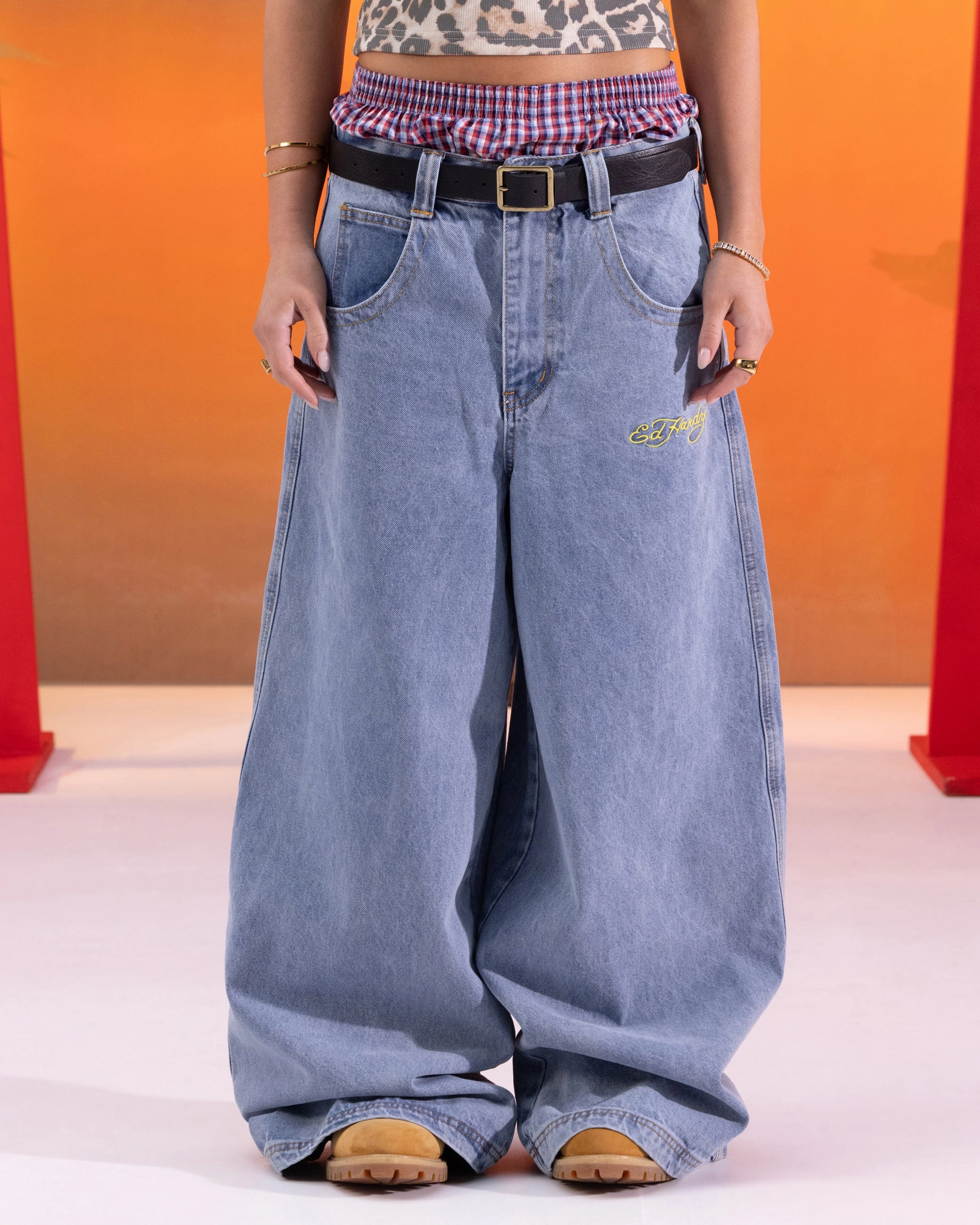 Casual Wear Street Style Ed Hardy Ultra Wide Leg Denim Jeans Light Wash Blue