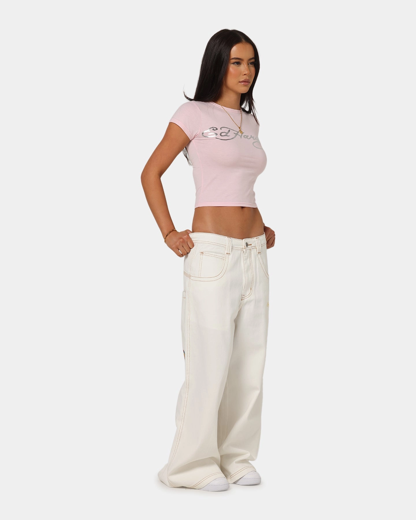 Stretch Panel Anti Static Finish Ed Hardy Ultra Wide Leg Denim Jeans Off White/Yellow