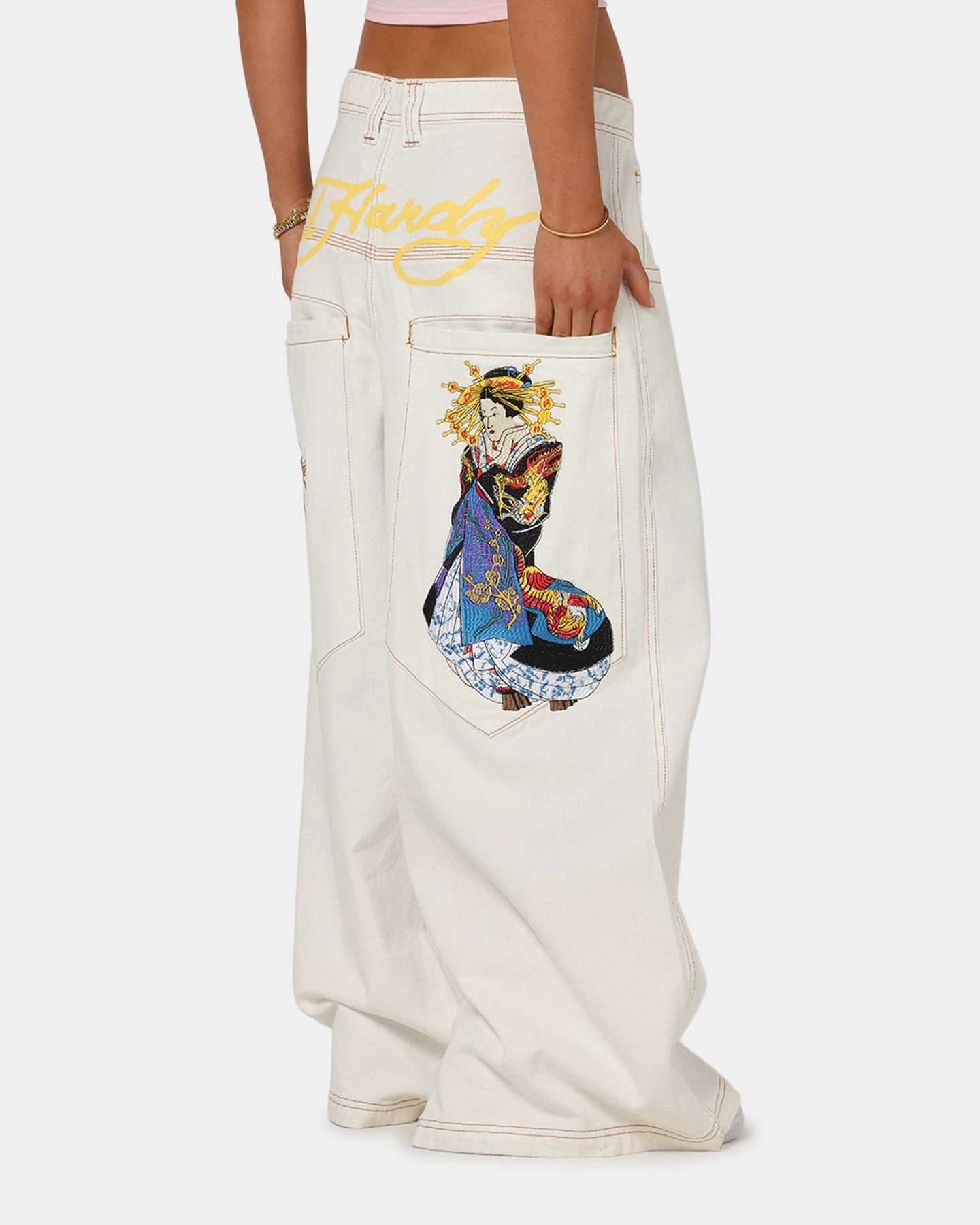 Ed Hardy Ultra Wide Leg Denim Jeans Off White/Yellow Flexible Use Perfectly Fit