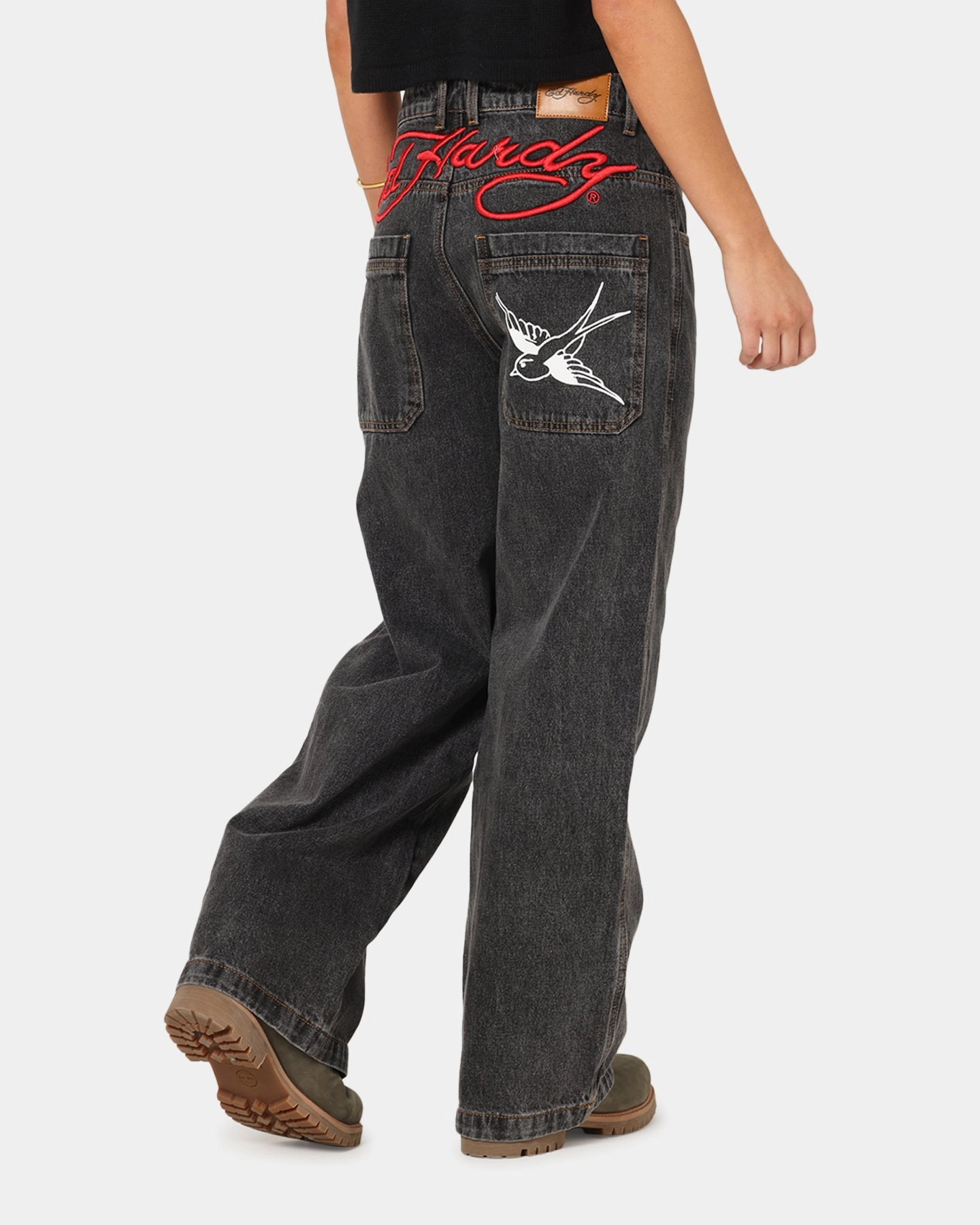 Ed Hardy Wide Leg Jeans Black Sport Comfort Double Stitched